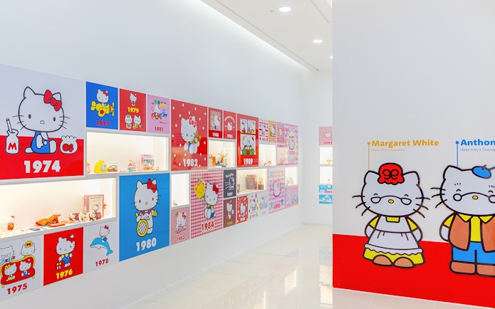 Hello Kitty Island interior with character timeline and memorabilia display.