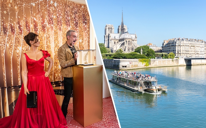Wax figure at Grevin Museum and Seine River cruise near Notre-Dame Cathedral.