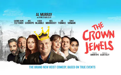 Cast of "The Crown Jewels" comedy with a crown illustration, set against a historical backdrop.