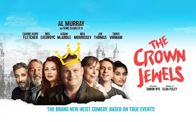 Cast of "The Crown Jewels" comedy with a crown illustration, set against a historical backdrop.