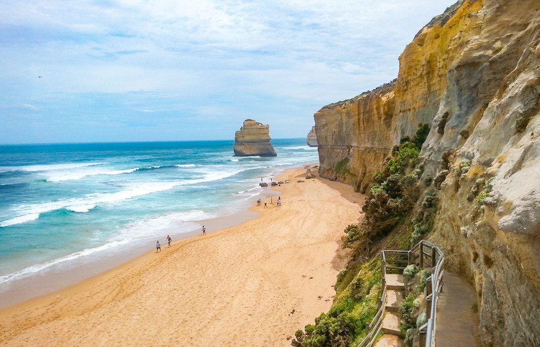 Gibson Steps beach view along Great Ocean Road with towering limestone cliffs.