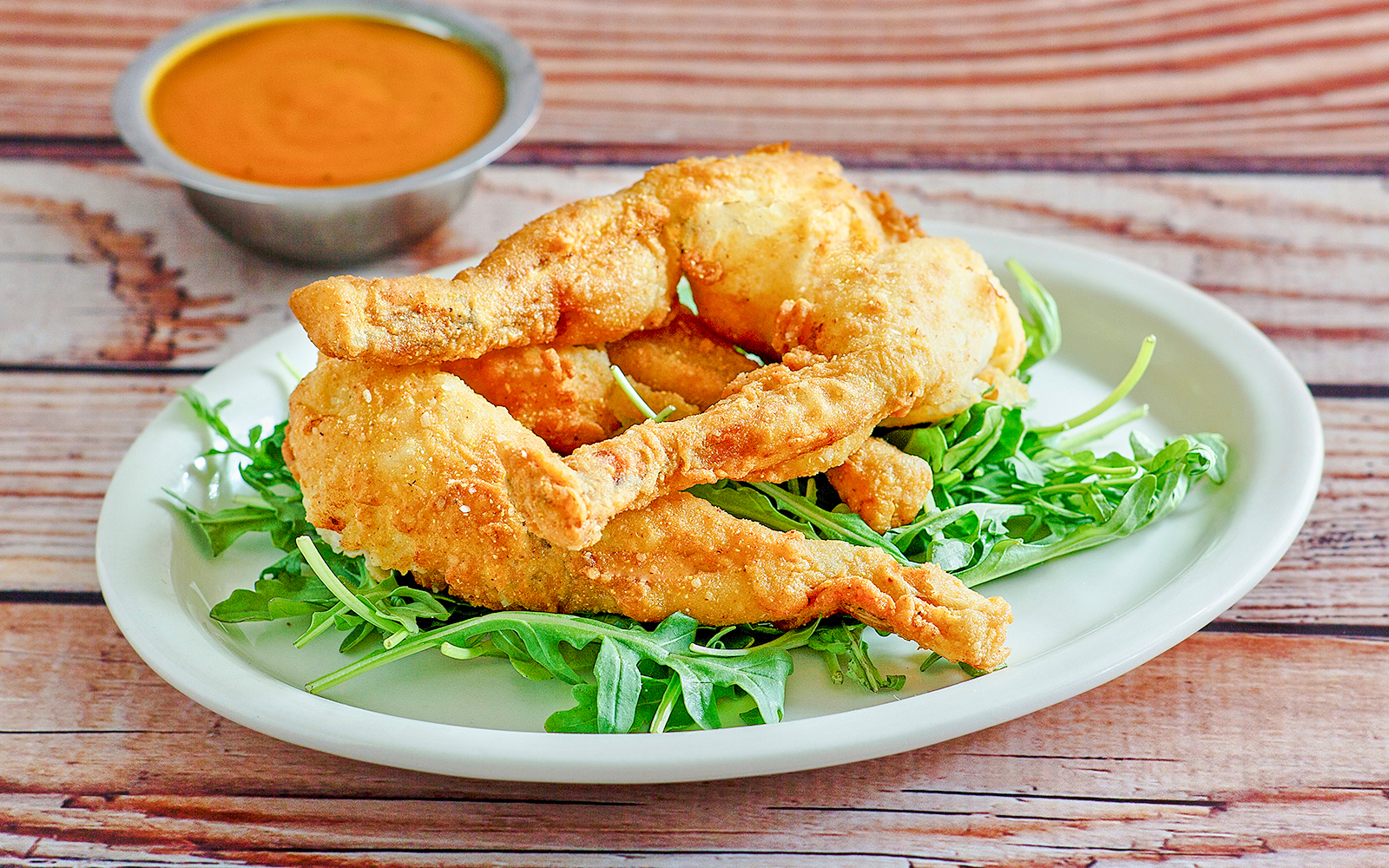 Fried frog legs on arugula with dipping sauce at Everglades National Park.