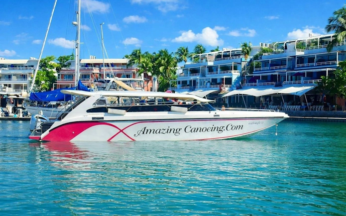 Speedboat docked at Royal Phuket Marina for Phi Phi and Bamboo Island tour.