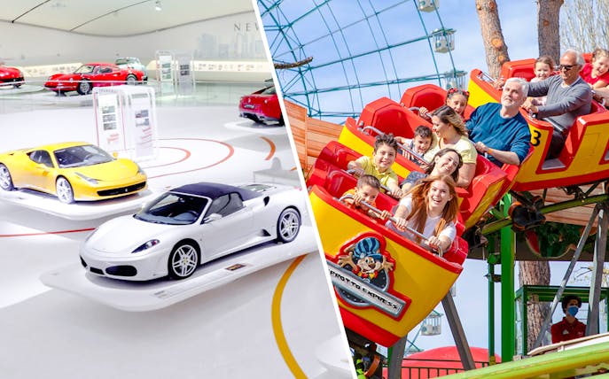 Ferrari cars in Modena museum and families on Mirabilandia roller coaster.