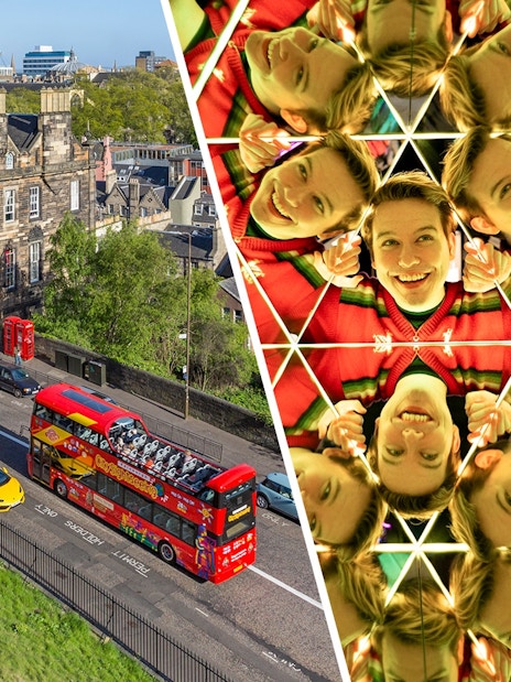 Edinburgh HOHO bus near historic buildings and Kaleido Tunnel reflections at Camera Obscura.