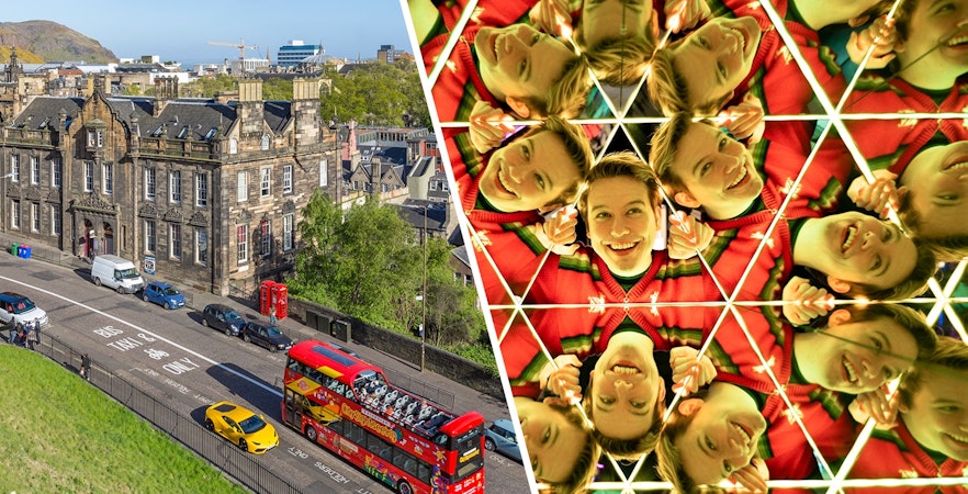 Edinburgh HOHO bus near historic buildings and Kaleido Tunnel reflections at Camera Obscura.