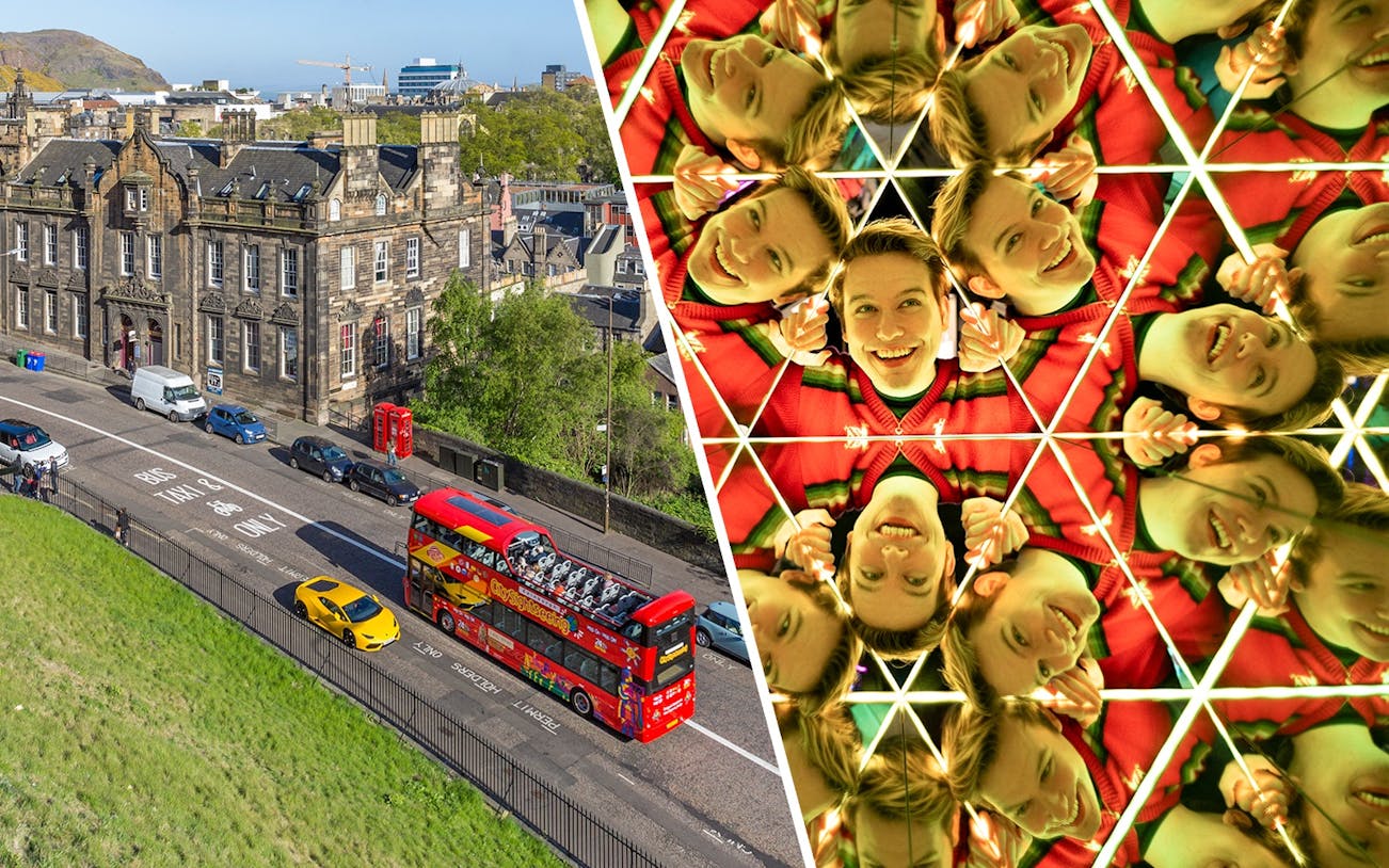 Edinburgh HOHO bus near historic buildings and Kaleido Tunnel reflections at Camera Obscura.