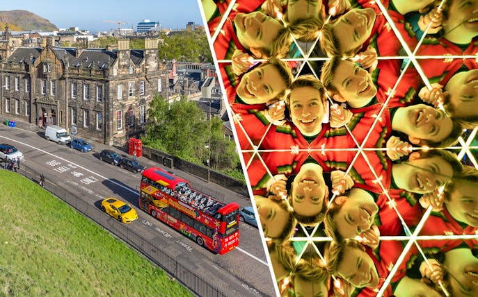 Edinburgh HOHO bus near historic buildings and Kaleido Tunnel reflections at Camera Obscura.