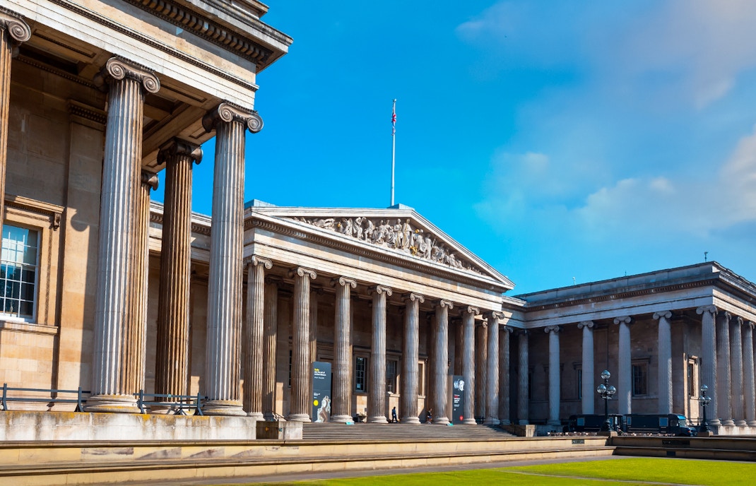 The British Museum's neoclassical facade with columns in London, UK.