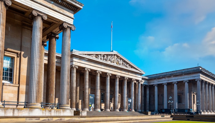 The British Museum's neoclassical facade with columns in London, UK.