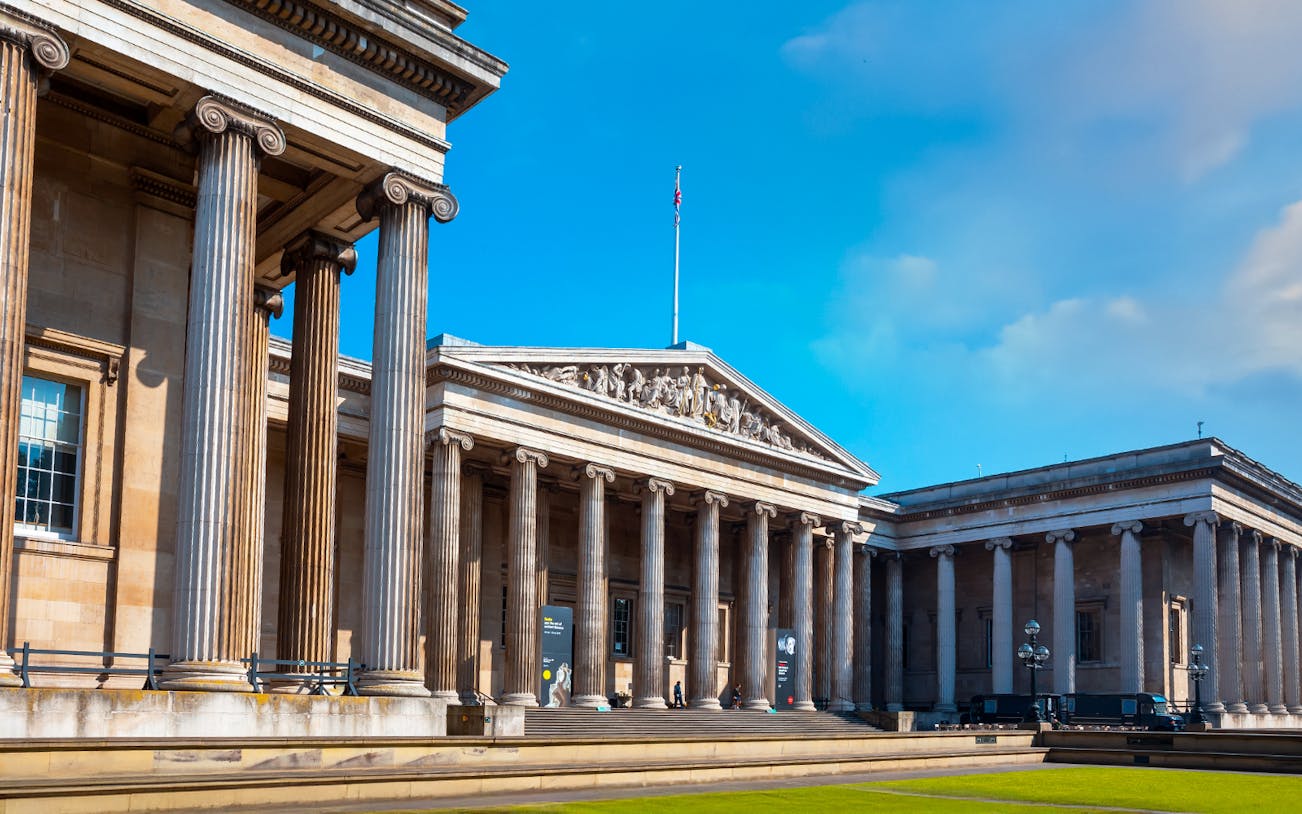 The British Museum's neoclassical facade with columns in London, UK.