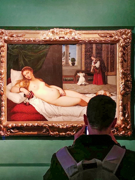 Visitor viewing 'The Venus of Urbino' by Titian at Uffizi Gallery, Florence.