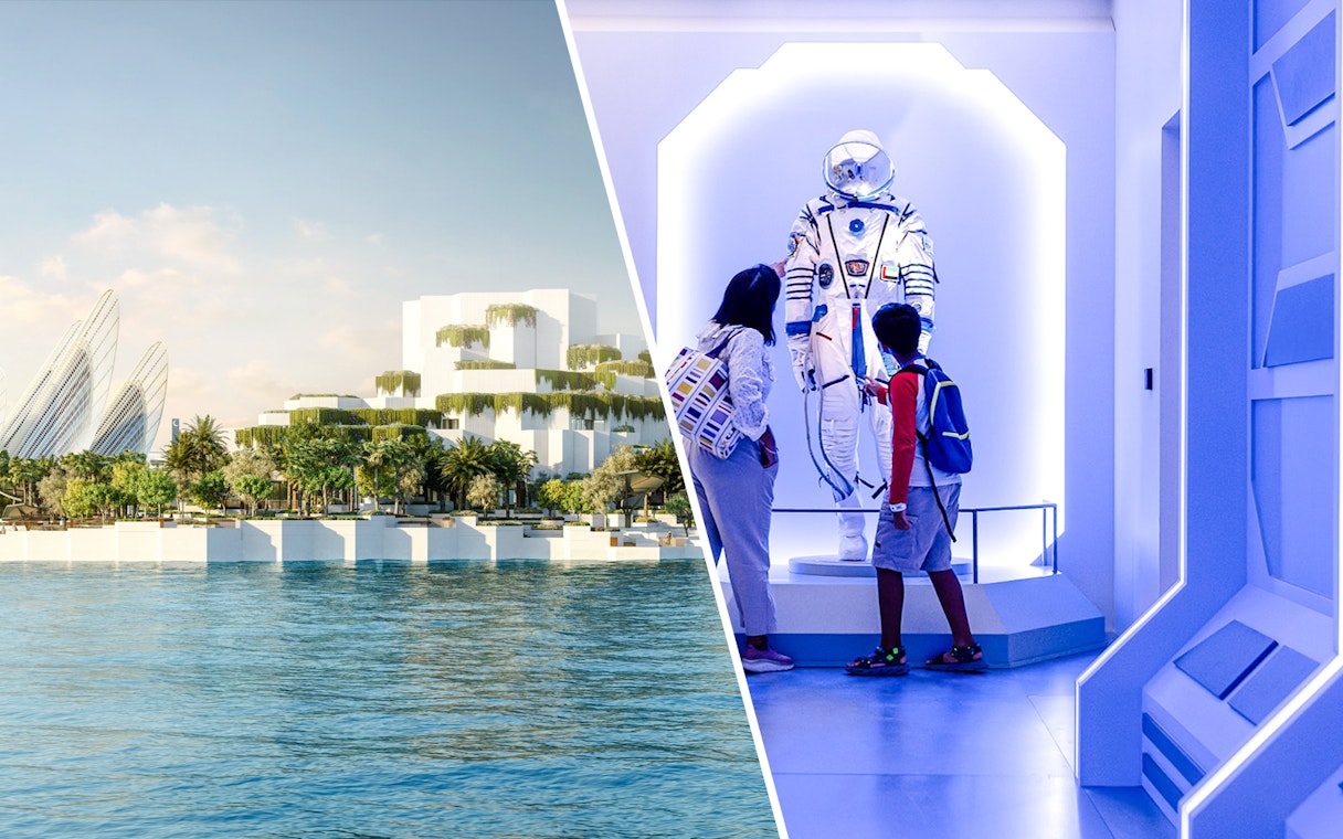 Aerial view of National History Museum Abu Dhabi and visitors viewing a space exhibit.