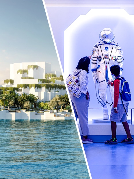 Aerial view of National History Museum Abu Dhabi and visitors viewing a space exhibit.