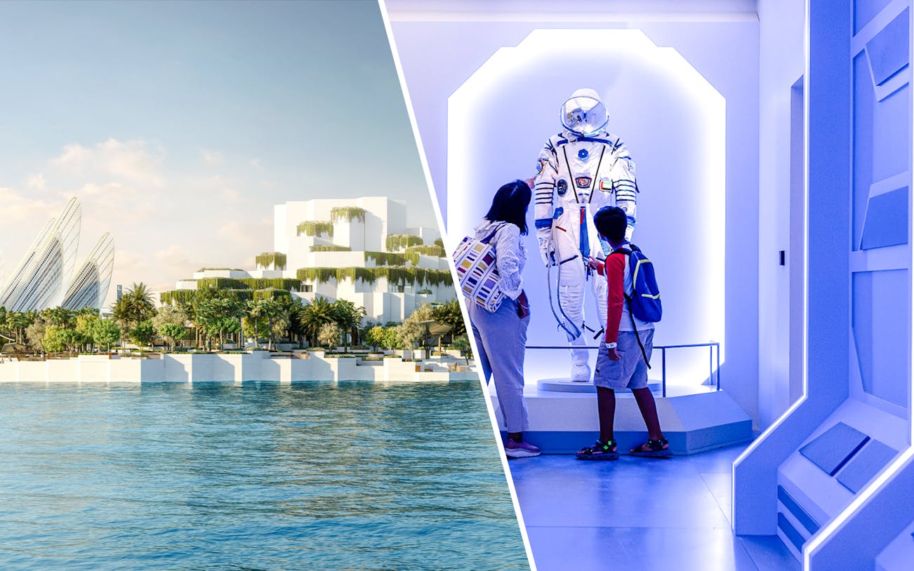 Aerial view of National History Museum Abu Dhabi and visitors viewing a space exhibit.