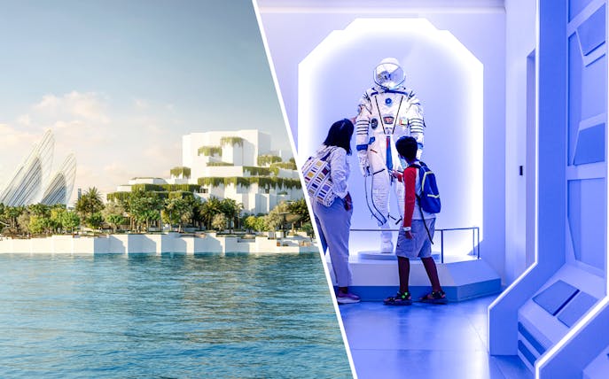 Aerial view of National History Museum Abu Dhabi and visitors viewing a space exhibit.