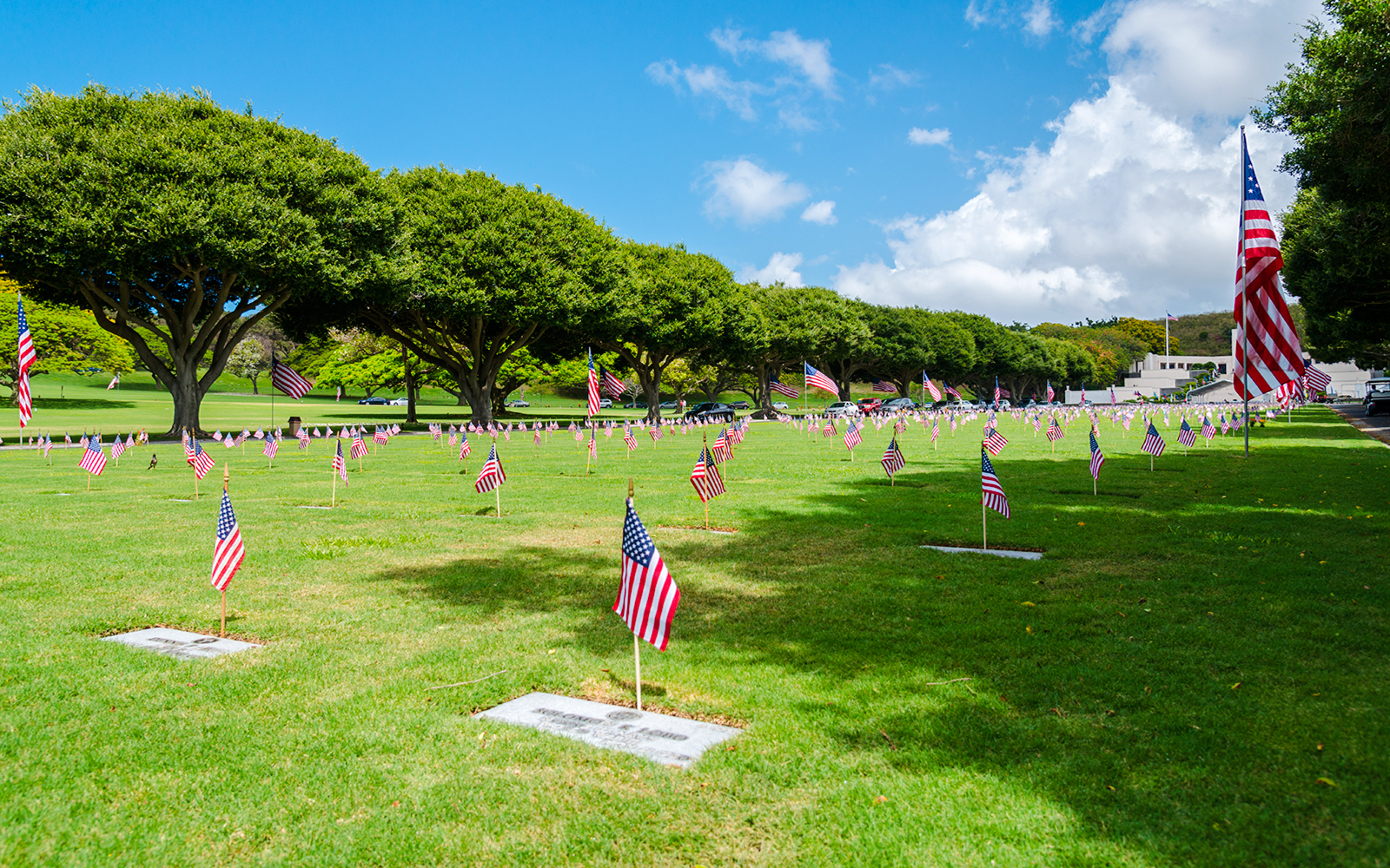 Graves with American flags at Punchbowl National Memorial Cemetery of the Pacific.