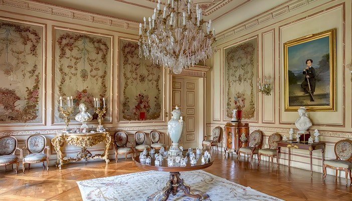 Liria Palace room interior with ornate ceiling and classic furnishings, Madrid.