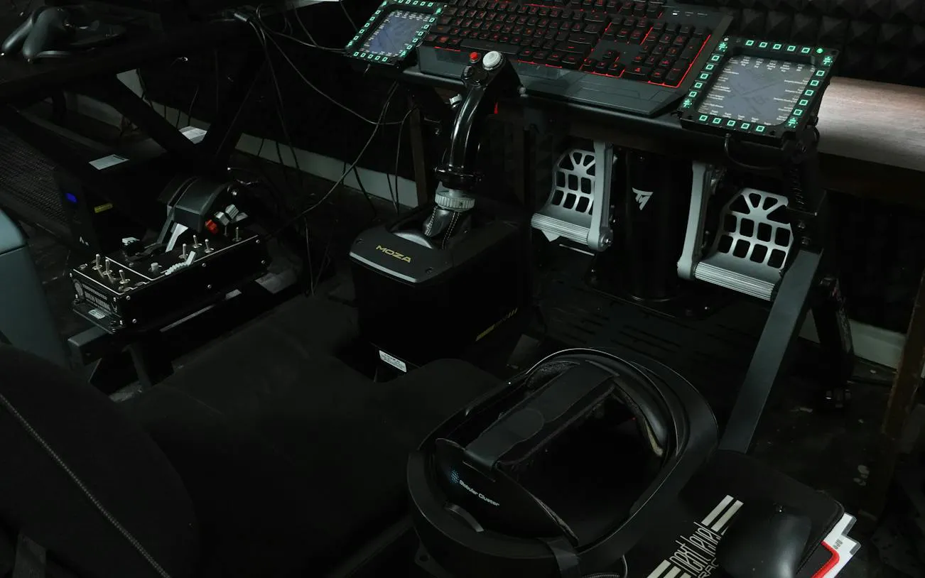 Flight simulation setup with controls and VR headset at SIMPRO Academy, Phuket.