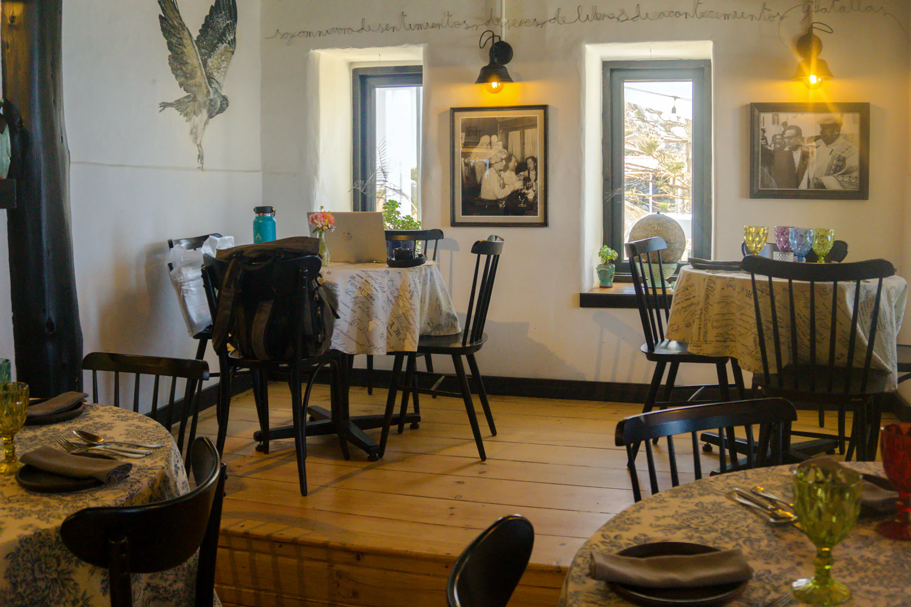 Dining area inside Pablo Neruda's Museum with tables and chairs, Isla Negra, Santiago.