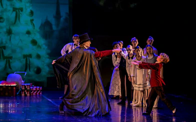 Nutcracker Ballet performance at Hybernia Theater, Prague, featuring dancers in a dramatic scene.