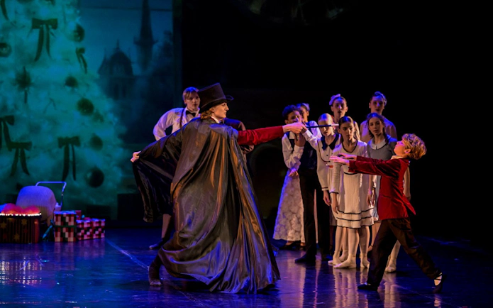 Nutcracker Ballet performance at Hybernia Theater, Prague, featuring dancers in a dramatic scene.