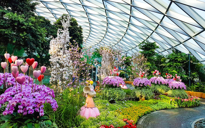 Petal Garden at Canopy Park, Jewel Changi, featuring vibrant flowers and whimsical sculptures.