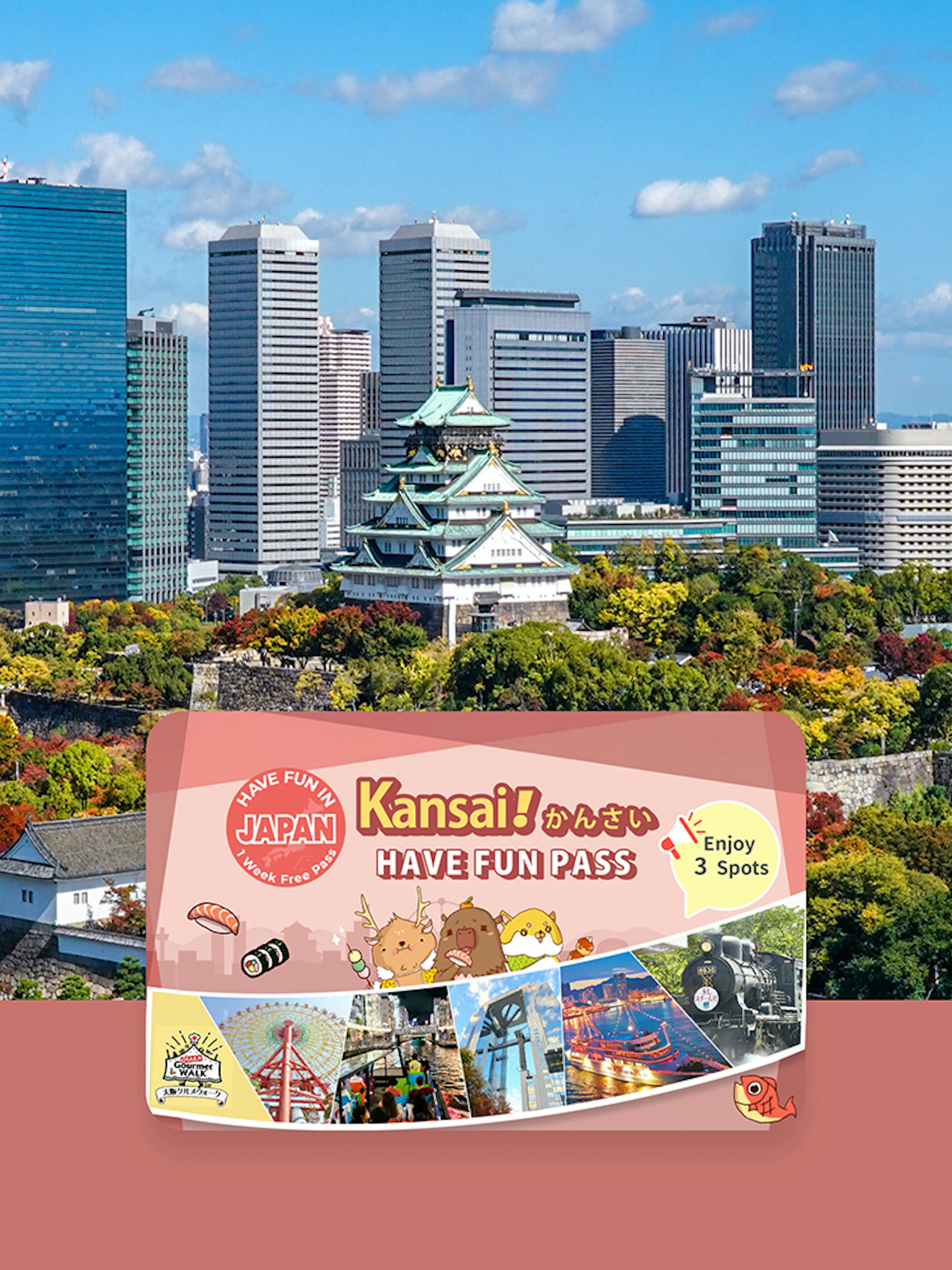 Kansai skyline with Osaka Castle and Have Fun Pass promotion.