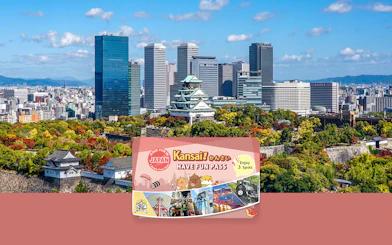 Kansai skyline with Osaka Castle and Have Fun Pass promotion.