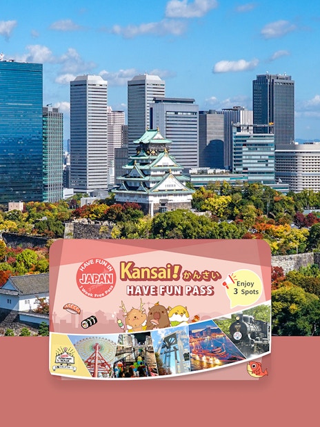 Kansai skyline with Osaka Castle and Have Fun Pass promotion.