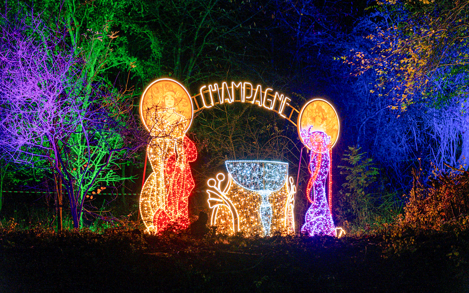 Illuminated champagne display at Lumina Park Wonderworld.
