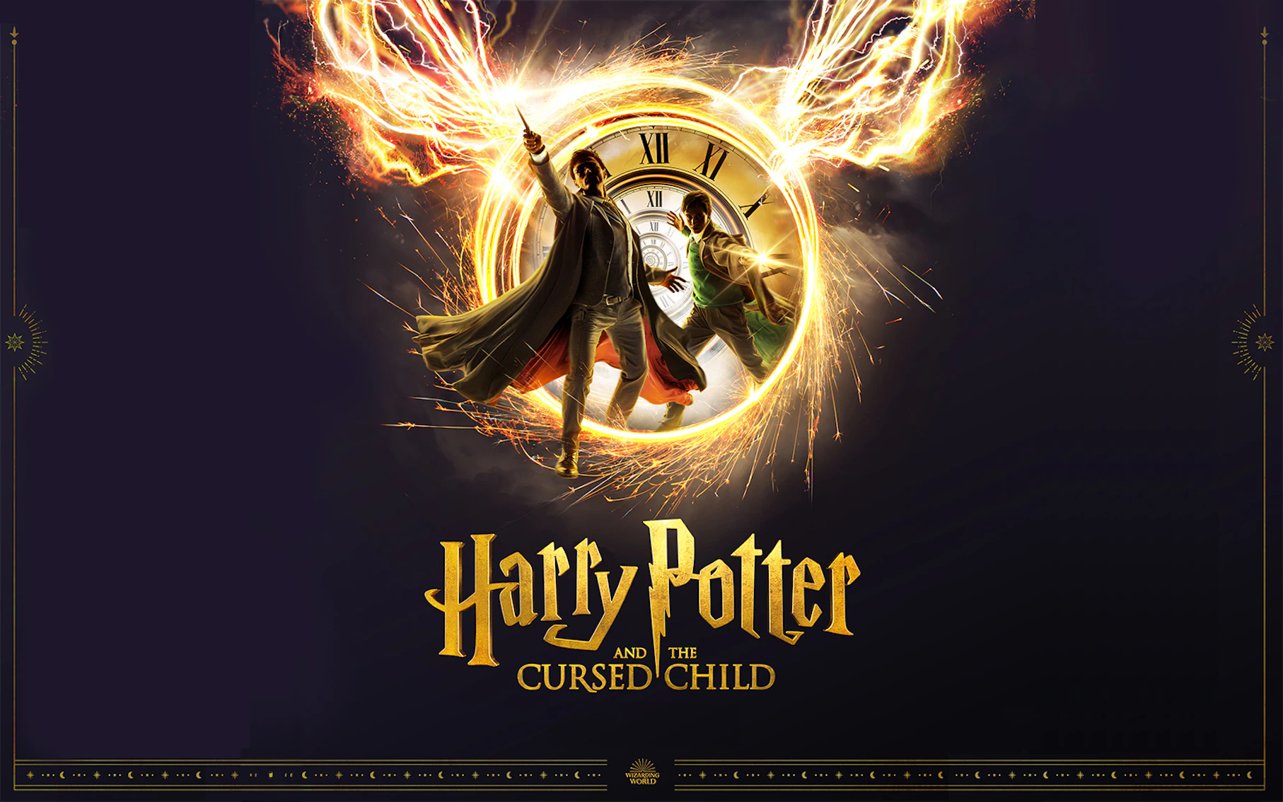 Harry Potter and the Cursed Child promotional image with characters in front of a clock face.