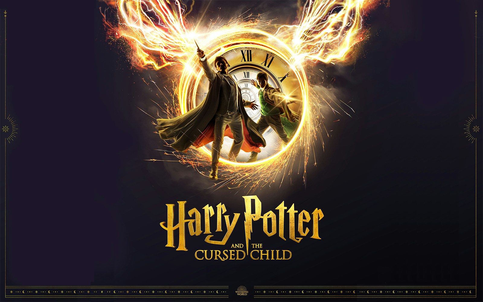 Harry Potter and the Cursed Child promotional image with characters in front of a clock face.