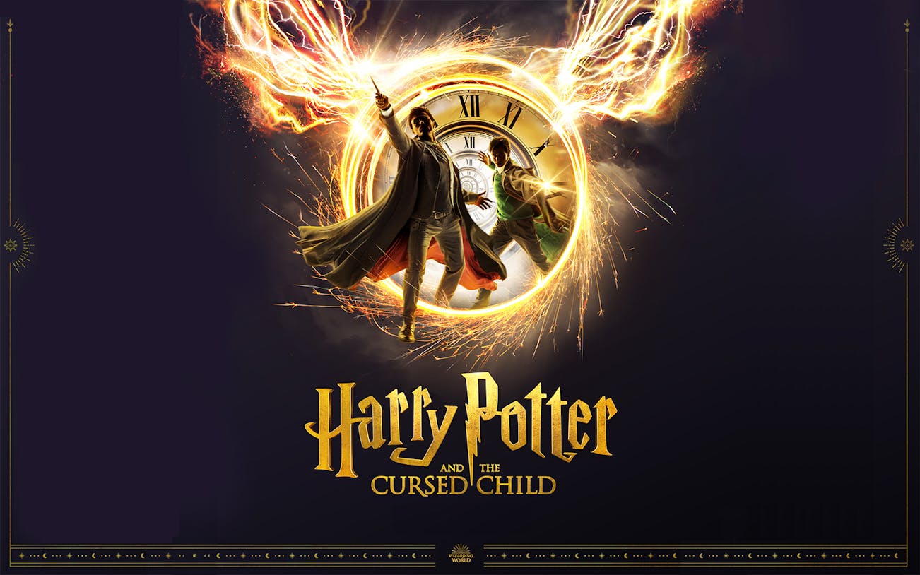 Harry Potter and the Cursed Child promotional image with characters in front of a clock face.