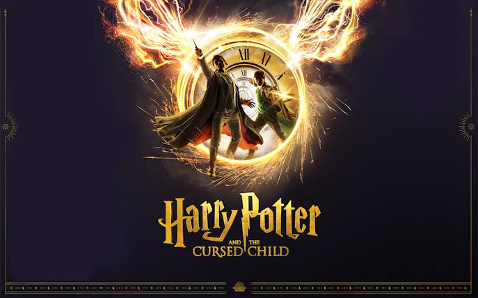 Harry Potter and the Cursed Child promotional image with characters in front of a clock face.