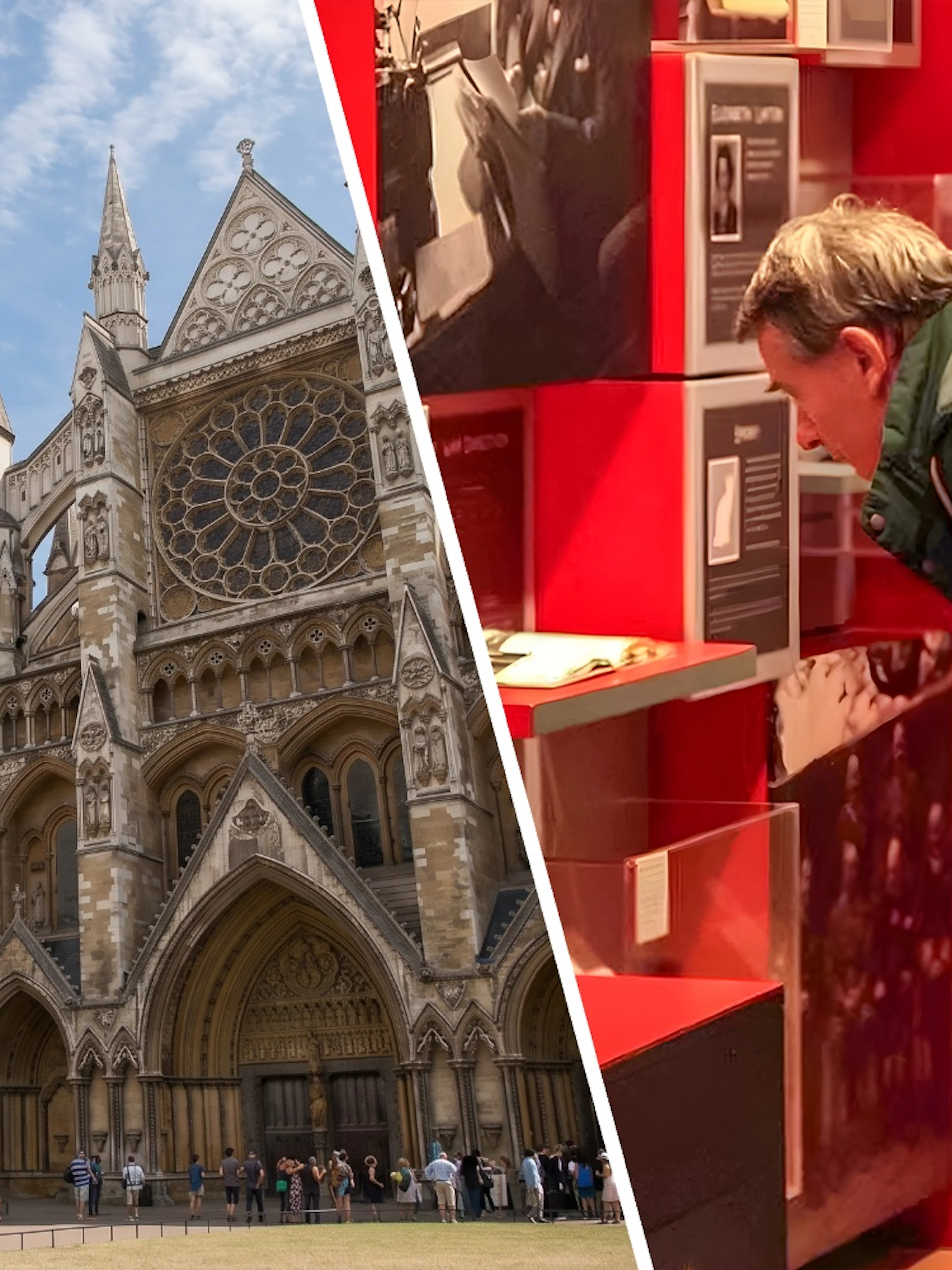 Westminster Abbey exterior and visitor at Churchill War Rooms museum exhibit.