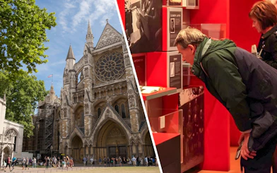 Westminster Abbey exterior and visitor at Churchill War Rooms museum exhibit.