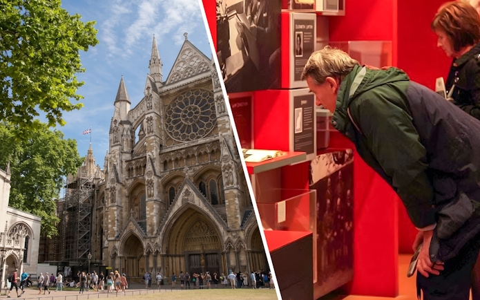 Westminster Abbey exterior and visitor at Churchill War Rooms museum exhibit.
