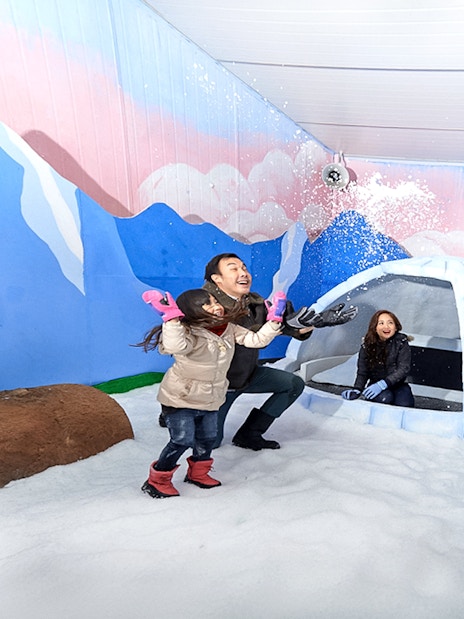 Guests playing in snow inside Singapore Snow City with igloo and mural backdrop.