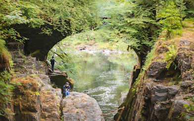 Visitors exploring a lush green gorge with a river on the Whisky & Waterfalls Day Tour from Edinburgh.
