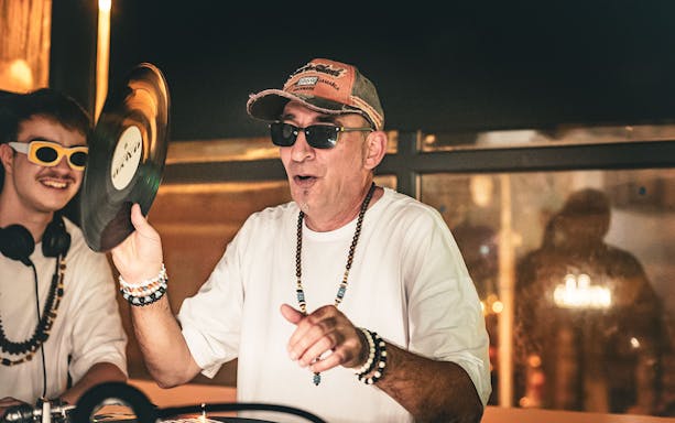 DJ spinning vinyl at Es Paradis, Ibiza Records event on Tuesday.
