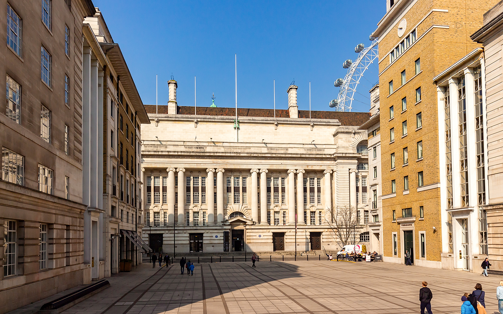 Historic building on Belvedere Road with London Eye in the background.