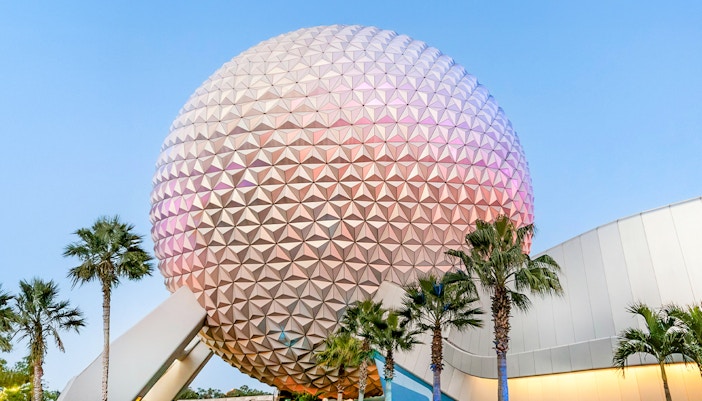 Spaceship Earth at EPCOT Center, Walt Disney Resort Orlando, with palm trees.