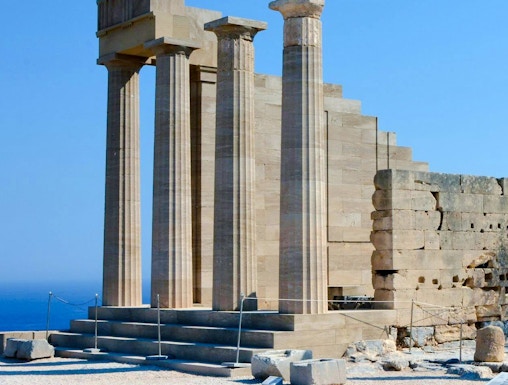 Acropolis of Lindos ruins with ancient columns in Greece.