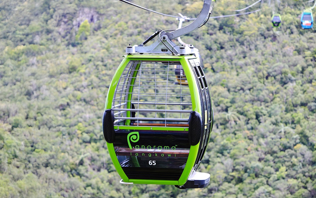 Langkawi Cable Car gondola with forest view in Malaysia.