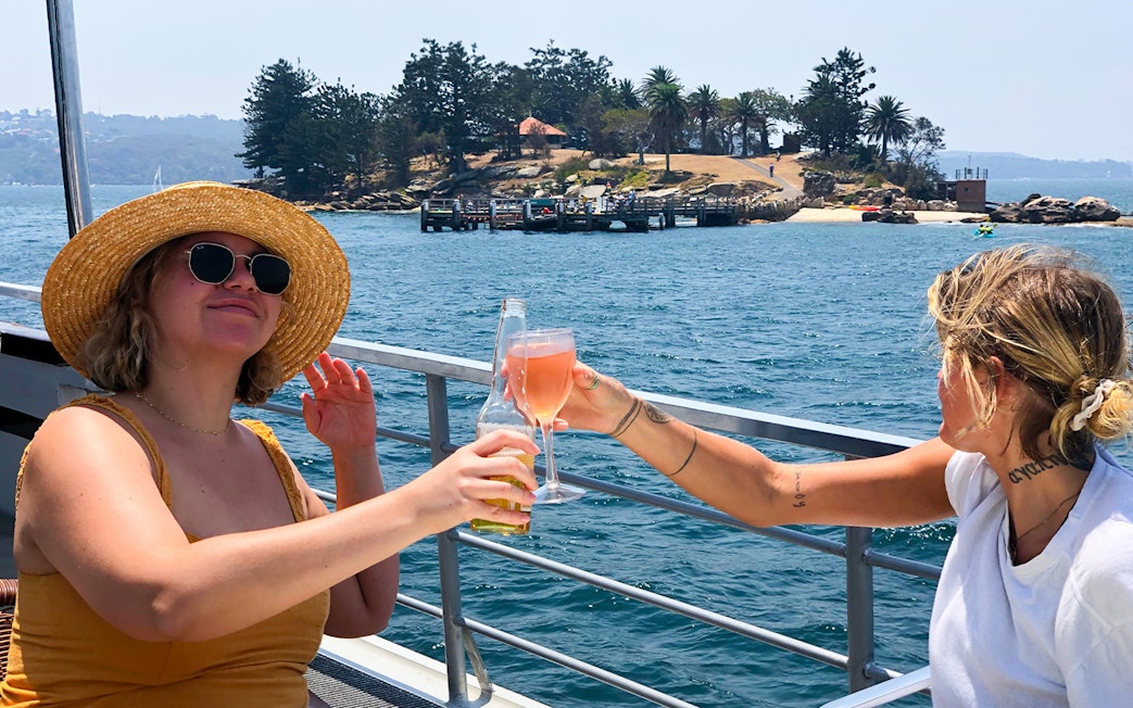 People toasting drinks on a Sydney Harbour sightseeing cruise with island view.
