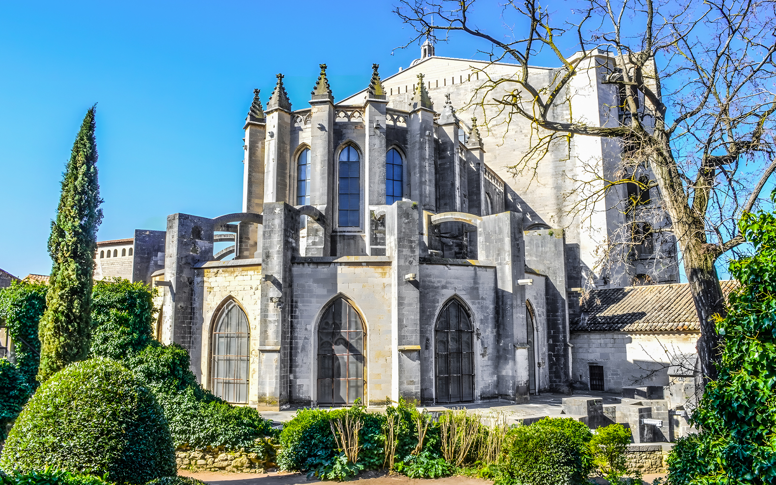 Exterior view of Girona Cathedral in Catalonia, Spain, showcasing Gothic architecture.