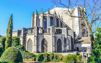Exterior view of Girona Cathedral in Catalonia, Spain, showcasing Gothic architecture.