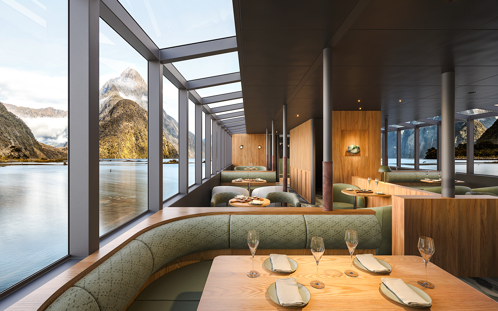 Interior of Sinbad vessel dining area with Milford Sound views.