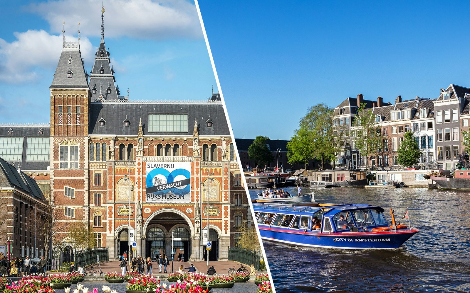 Rijksmuseum entrance with canal cruise boat in Amsterdam.